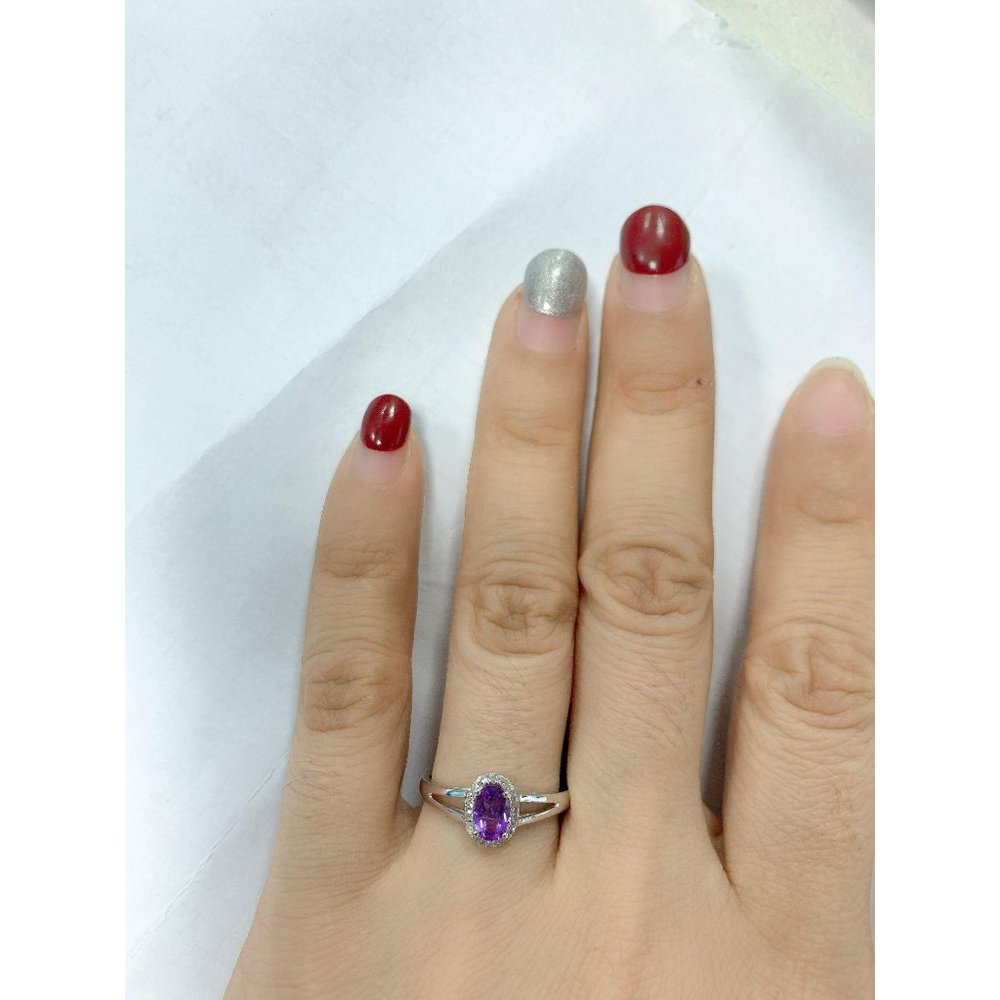Halo Diamond Amethyst Gemstone Ring White Gold
